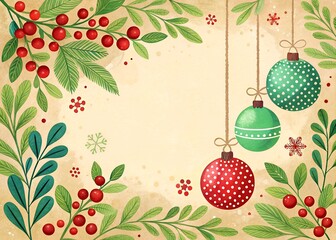 Festive Christmas Ornaments with Green Leaves and Red Berries on Beige Background