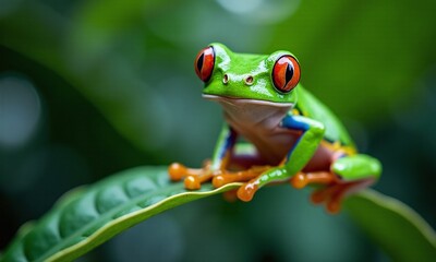 Naklejka premium Green tree frog macro photography vibrant colors large