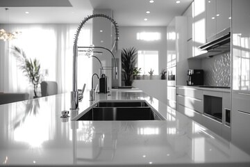 Modern kitchen with sleek chrome faucets, white countertops, and minimalist design.