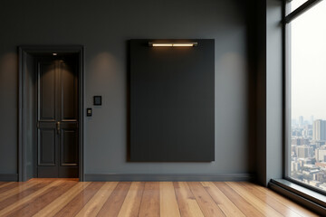 Modern Minimalist Interior with Dark Walls, Wooden Floors, and Cityscape View through Large Window