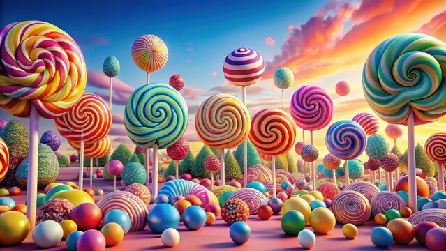 Colorful rendering of a whimsical lollipop candy world , Candy, Lollipop, Sweet, Sugar, Fantasy, Wonderland, Fun, Bright