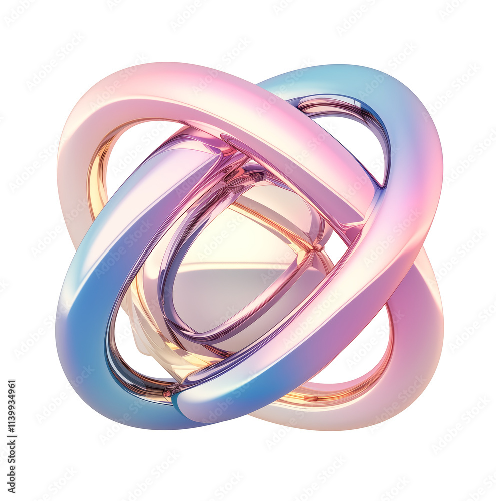 Poster futuristic 3D metallic abstract shape with pastel gradient colors, featuring intertwined loops and glossy finish, isolated on transparency background