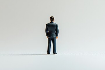 Fototapeta premium A miniature businessman stands alone, viewed from behind, against a minimalist white background.