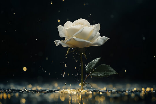 Captivating white rose amidst raindrops nature photography dark background artistic mood
