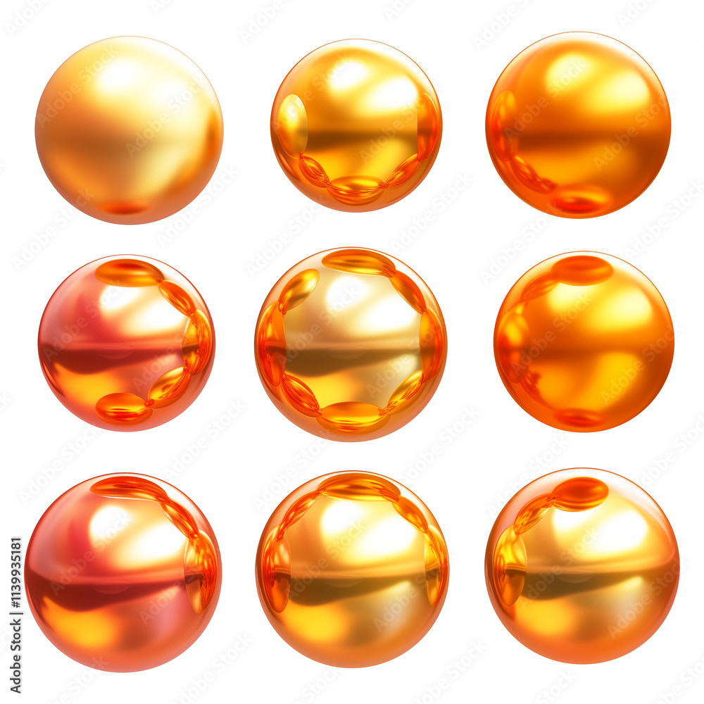 Aufkleber glossy metallic spheres in vibrant y2k inspired colors, arranged in grid pattern on transparency bac