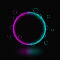 Neon gradient magic circle. Glowing multicolor ring, futuristic light effects, beam, reflection, bubbles, sci-fi energy, luminescent halo, technology frame, vibrant glow, digital interface