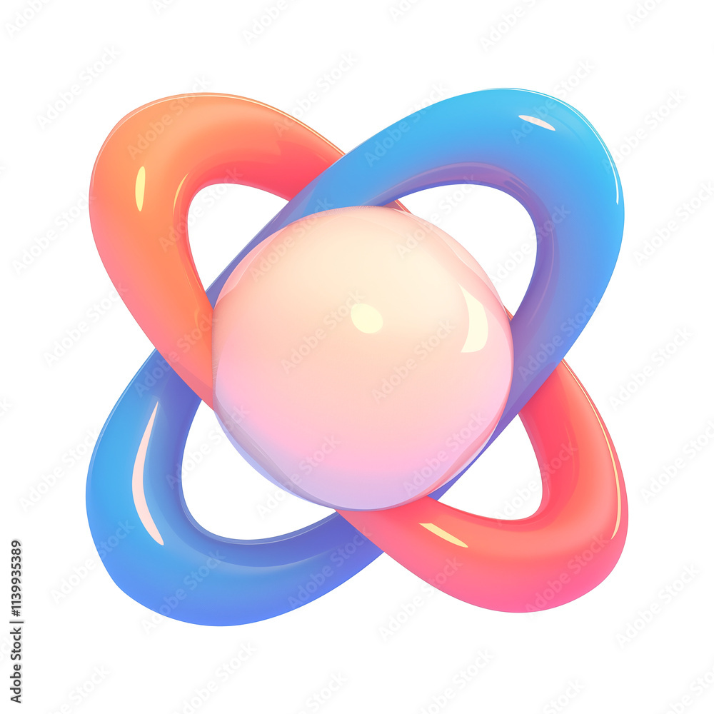 Aufkleber Glossy 3D abstract shape with intertwined metallic loops in pink and blue, surrounding glowing central sphere, isolated on transparency background
