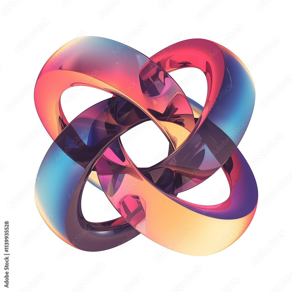 Aufkleber vibrant 3D metallic abstract shape with intertwined loops in gradient colors, featuring glossy and reflective surface, isolated on transparency background
