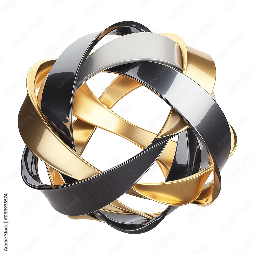 Poster 3d metallic abstract shape featuring intertwined gold and silver ribbons, creating futuristic and el