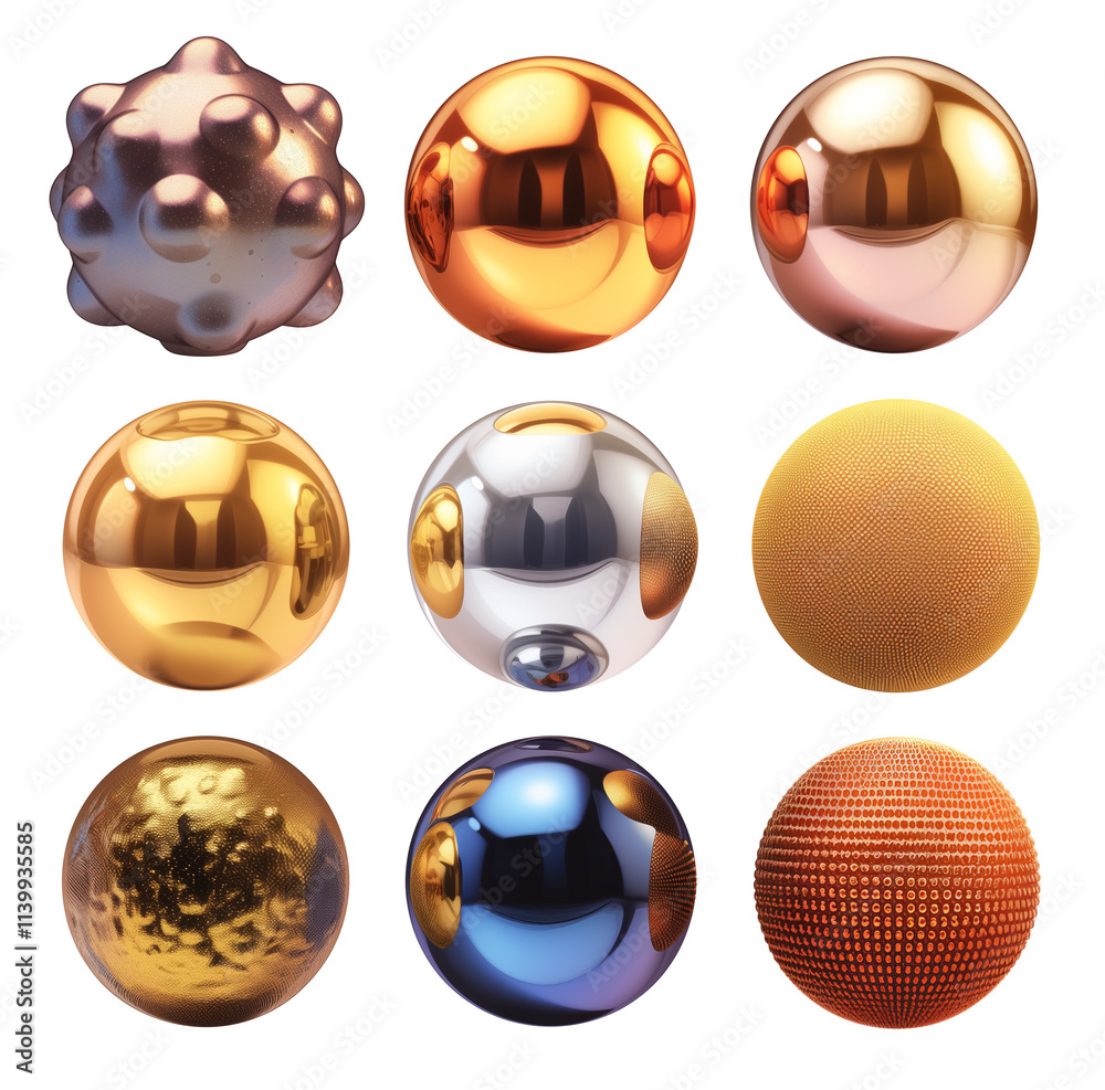 Poster collection of nine metallic spheres with unique textures and reflective surfaces, showcasing variety