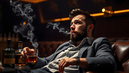 Obraz premium Thoughtful looking male relaxing after work. Man leisure with alcohol and vape in private club, bad habits. Luxury life with whiskey and smoking, dark place background isolated . Shades of white.