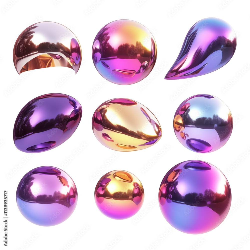 Poster glossy metallic 3d shapes in vibrant y2k inspired colors, including spheres, droplets, and abstract 