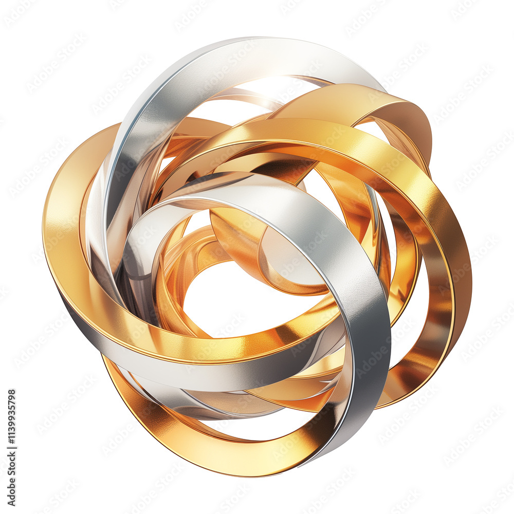 Poster 3d metallic abstract sculpture featuring intertwined gold and silver loops, showcasing modern y2k in
