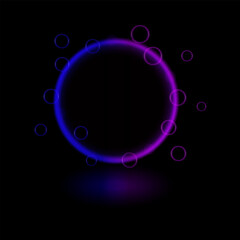 Neon gradient magic circle. Glowing multicolor ring, futuristic light effects, beam, reflection, bubbles, sci-fi energy, luminescent halo, technology frame, vibrant glow