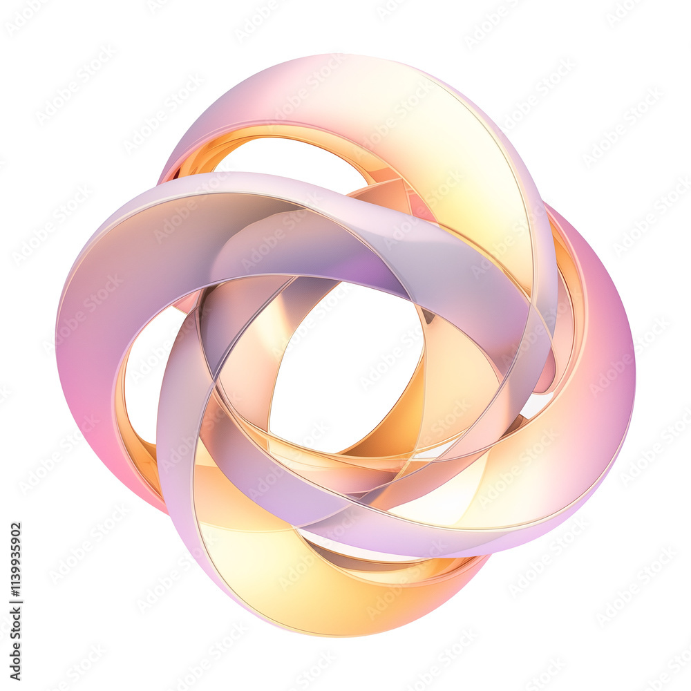 Poster 3D metallic abstract shape with intertwined loops in pastel metallic colors, featuring smooth and reflective surface, isolated on transparency background