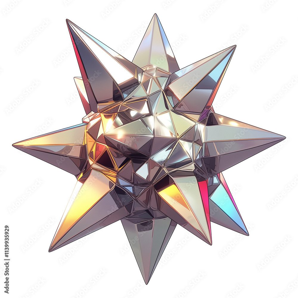 Aufkleber futuristic metallic 3d spiked shape with reflective surfaces and vibrant y2k inspired colors, isolat