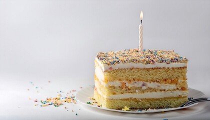 A layered birthday cake with sprinkles and a slice with a lit candle on a light background