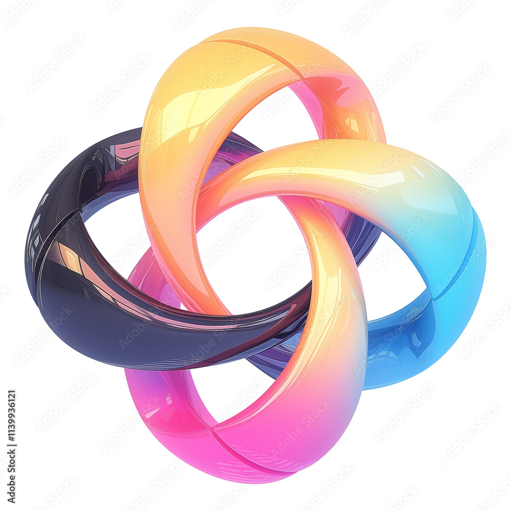 Aufkleber vibrant 3D metallic Y2K inspired abstract shape with intertwined loops in gradient metallic colors, isolated on transparency background, showcasing futuristic and dynamic design