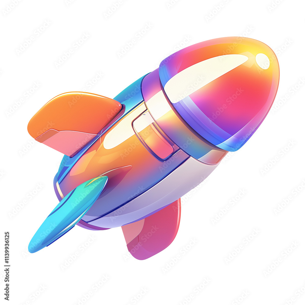 Poster vibrant 3D metallic rocket with futuristic Y2K inspired design, featuring gradient of metallic colors and smooth, reflective surfaces, isolated on transparency background