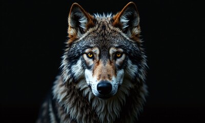 Fototapeta premium Wolf portrait piercing yellow eyes black background dramatic
