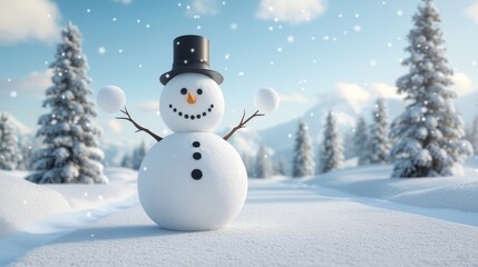 Obraz premium A cheerful snowman stands in a snowy landscape, surrounded by trees, under a clear blue sky with falling snowflakes.