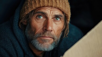 A thoughtful portrait of a man in a beanie, with penetrating eyes and a calm expression, evoking a sense of inner peace and determination in a soft setting.