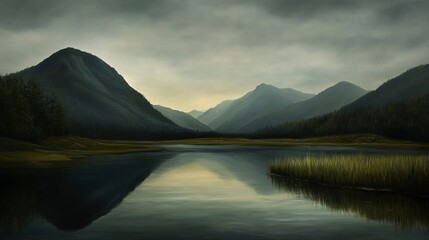A serene mountain lake with a reflection of the sky and surrounding peaks in the water.