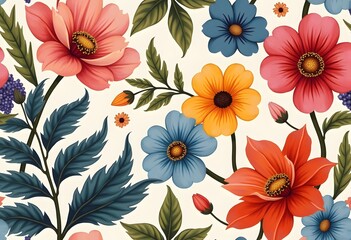 Obraz premium Colorful Seamless pattern with flowers and leaves. Hand drawn illustration. 