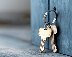 A close-up of two golden keys on a ring, resting against a blue wooden surface, symbolizing security and access.