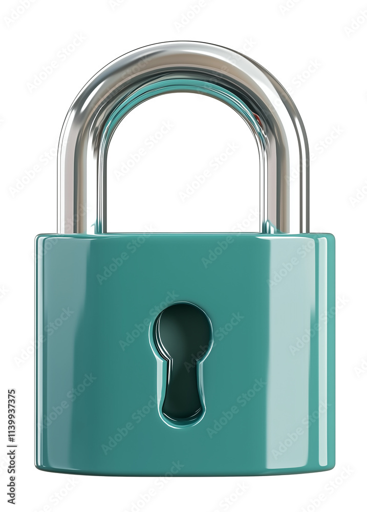 Poster shiny teal padlock with metallic silver shackle, isolated on transparency background, showcasing mod