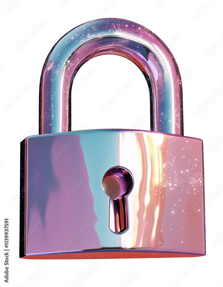Poster colorful 3d cartoon padlock with glossy metallic finish and sparkles, isolated on transparency backg