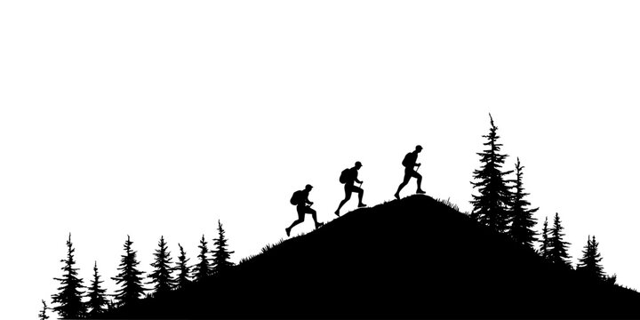 Athletes climbing steep hills on a dirt trail in a forest, Illustration