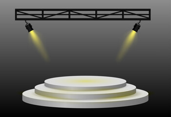 Spotlight stage. White circular platform, angled black stage lights beams, metal truss structure, modern event setup, focused lighting for presentation, theater, or award ceremony, performance scene