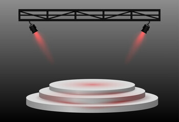 Spotlight stage. White circular platform, angled black stage lights beams, metal truss structure, modern event setup, focused lighting for presentation, theater, or award ceremony, performance scene