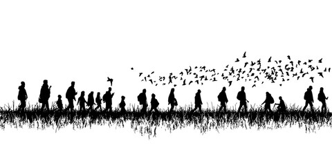 Enthusiasts participating in annual migration counts, tracking the number of birds passing through areas, Illustration