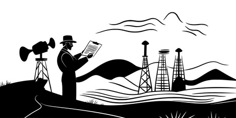 Engineer documenting atmospheric sounds at a historical site, Illustration