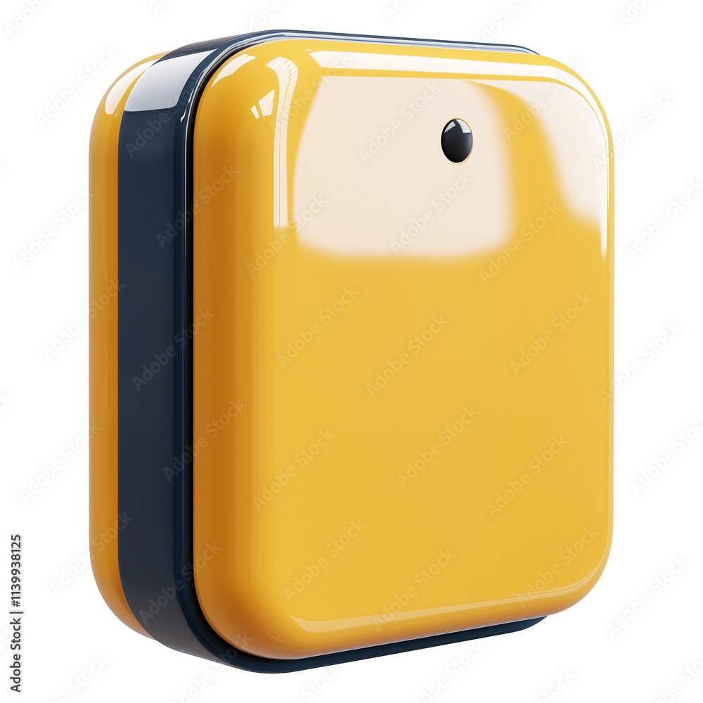 Poster modern 3D rendered yellow and black rectangular device with glossy finish, featuring single circular button on its surface, isolated on transparency background