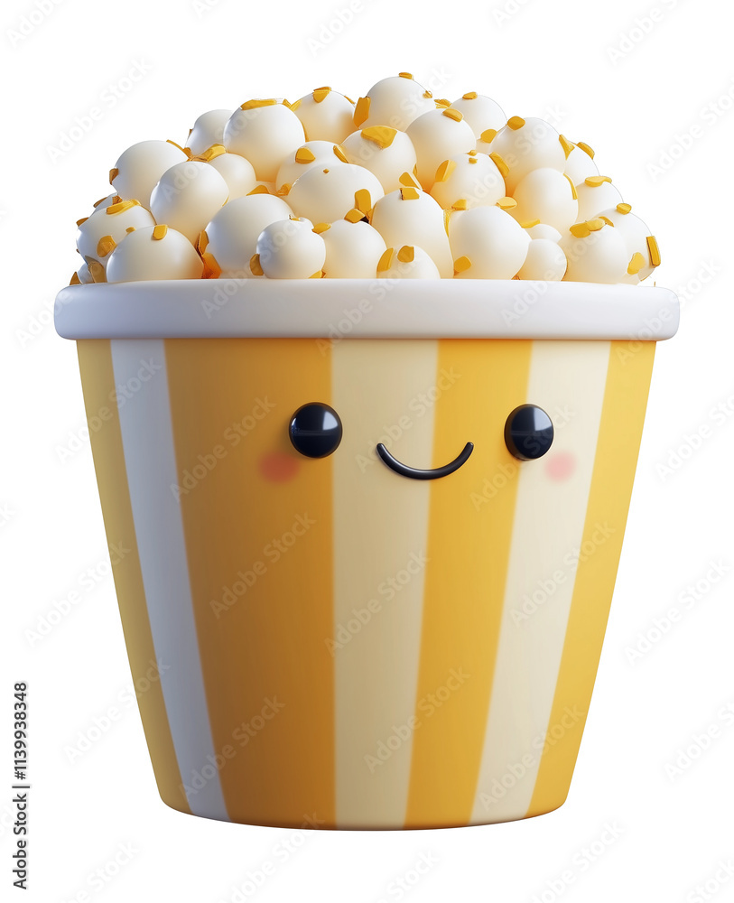 Poster cheerful 3d cartoon popcorn icon with smiling face, featuring yellow and white striped bucket, isola