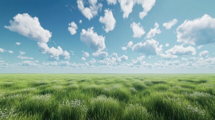 Fototapeta premium A vivid field of lush green grass under a clear blue sky dotted with fluffy white clouds, perfect for nature themes