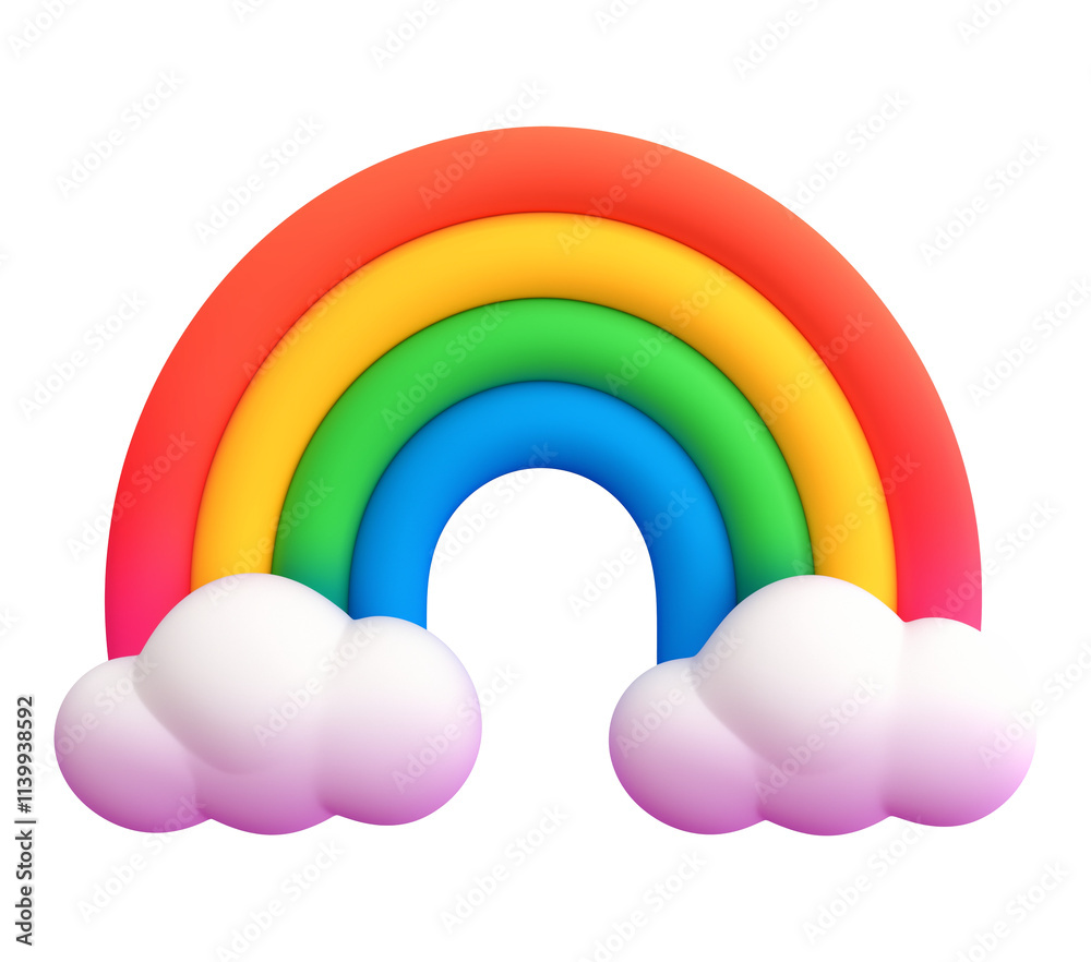 Poster vibrant 3d cartoon rainbow with colorful arcs and fluffy white clouds, isolated on transparency back