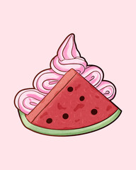Hand drawn a sliced watermelon with ice cream