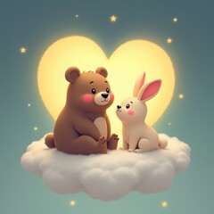 Cute Bear and Bunny on Cloud Under Heart Moon