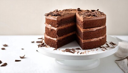 A sliced chocolate layer cake with shavings, placed on a white cake stand against a light background