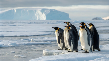 Fototapeta premium A group of emperor penguins huddled together on icy terrain