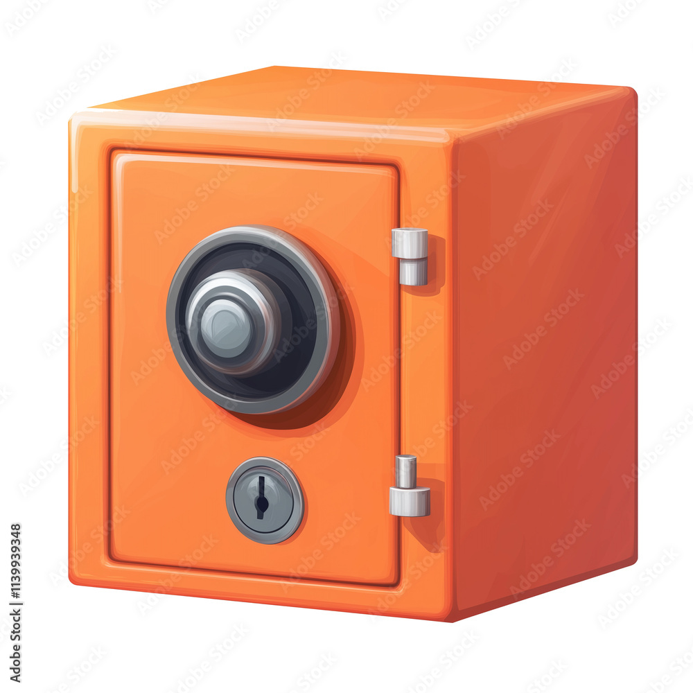 Poster orange safe box with metallic combination lock and keyhole, isolated on transparency background, showcasing secure and modern design