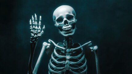 Adorable waving skeleton with expressive features, glowing white bones contrasted against the dark background