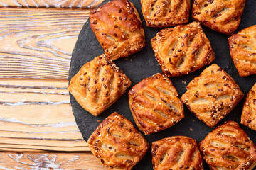Homemade mini puff pastries with meat photography . Top view