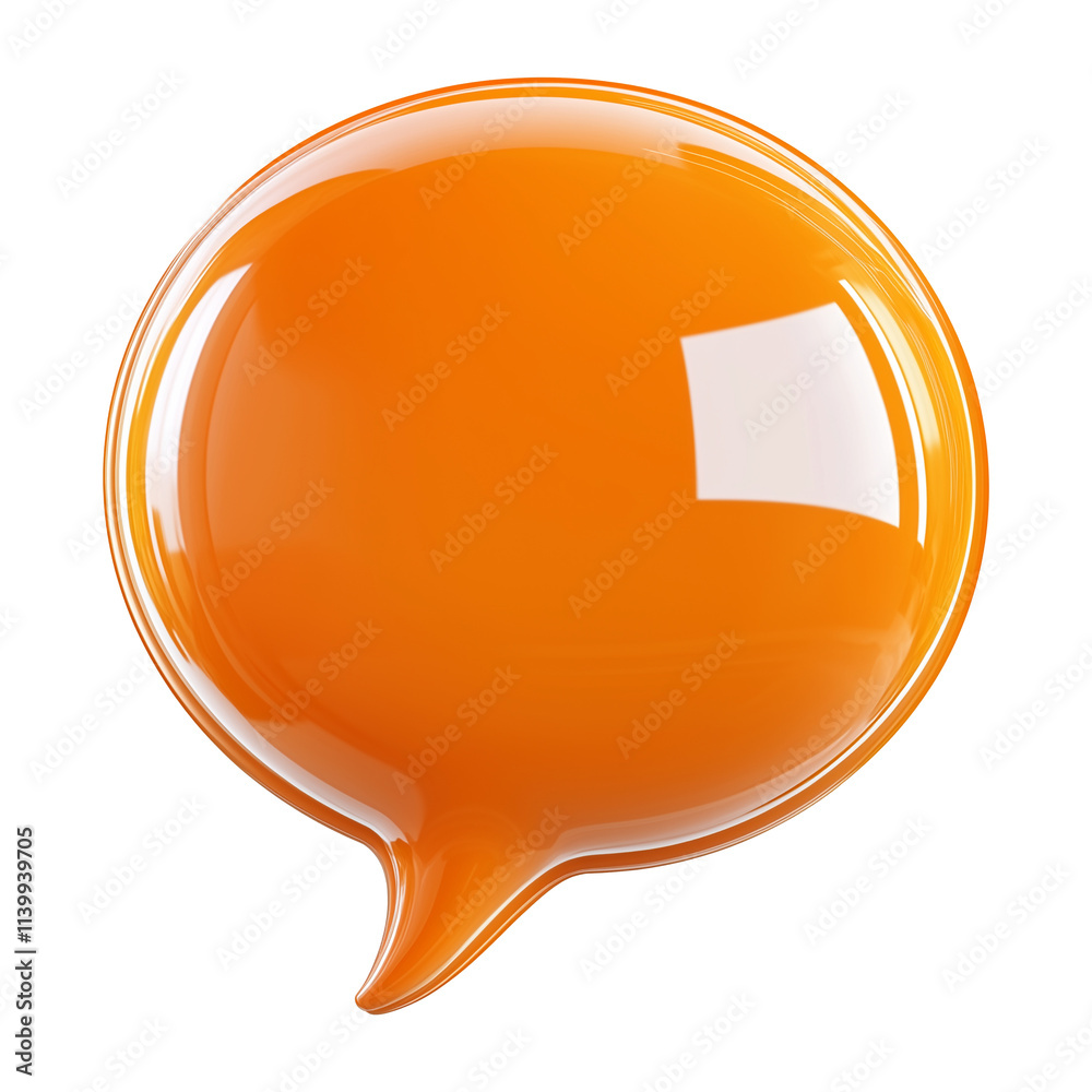 Poster glossy orange 3D chat bubble with reflective surface, isolated on transparency background, symbolizing communication and messaging in modern and vibrant style