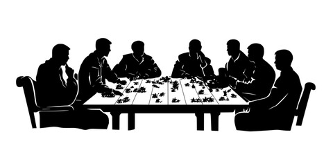 Participants engaging in strategic planning, moving armies across the board during a war game session, Illustration