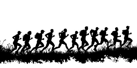 Obraz premium Participants gathering at the starting line of a trail running event, Illustration
